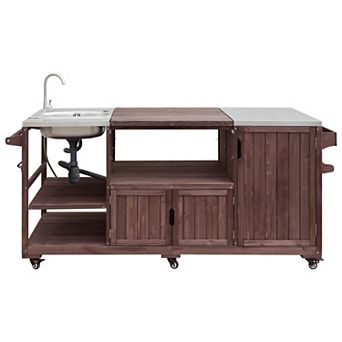 75.4 in Wood Outdoor Kitchen Island with Sink and Stainless Steel Top