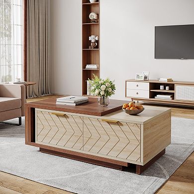 Dual-Tone Walnut & Oak Coffee Table with V-Shaped Drawers