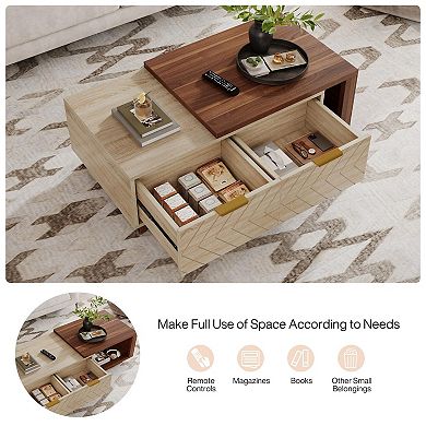 Dual-Tone Walnut & Oak Coffee Table with V-Shaped Drawers