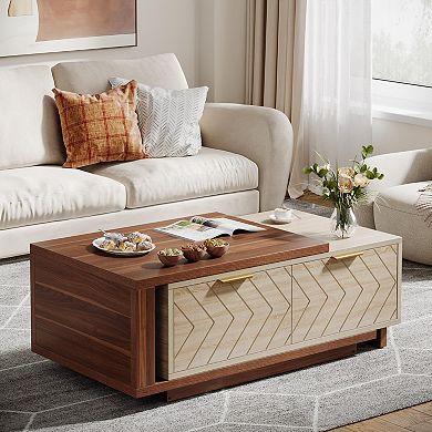 Dual-Tone Walnut & Oak Coffee Table with V-Shaped Drawers