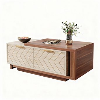 Dual-Tone Walnut & Oak Coffee Table with V-Shaped Drawers