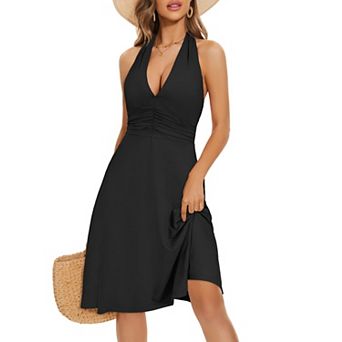 Women's Halter Neck Ruched Waist Midi Dress Backless Floral Print Dress