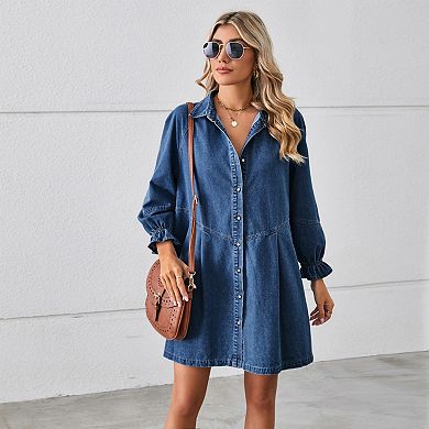 Womens Denim Dress Knee Length Long Sleeve Button Down Casual Jean Shirt Dress