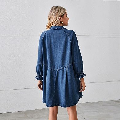 Womens Denim Dress Knee Length Long Sleeve Button Down Casual Jean Shirt Dress