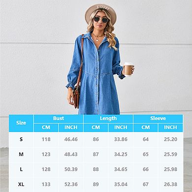 Womens Denim Dress Knee Length Long Sleeve Button Down Casual Jean Shirt Dress