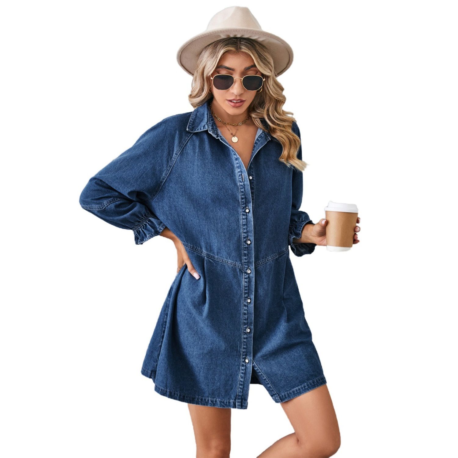 Женские платья Denim Dress Knee Length Long Sleeve Button Down Casual Jean Shirt Dress