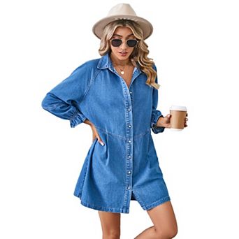 Womens Denim Dress Knee Length Long Sleeve Button Down Casual Jean Shirt Dress