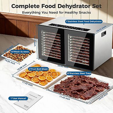 Dual Zone Food Dehydrator, 20 Trays, 180℉, 48H Digital Timer for Jerky, Meat, Fruit, Herbs