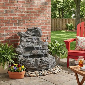 KWPZQEB Outdoor Garden Concrete Rock Waterfall Fountain with LED Lights