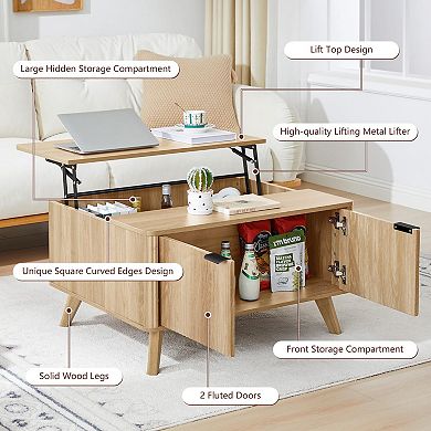 Mid-Century Modern Fluted Coffee Table with Lift Top and Storage