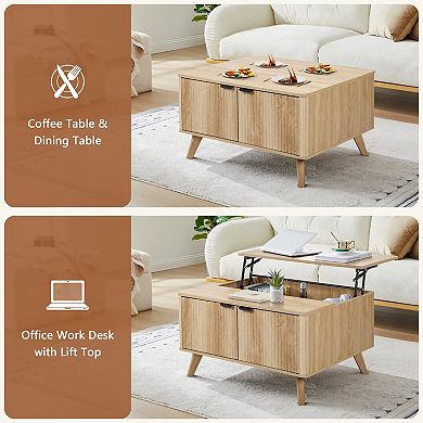 Mid-Century Modern Fluted Coffee Table with Lift Top and Storage