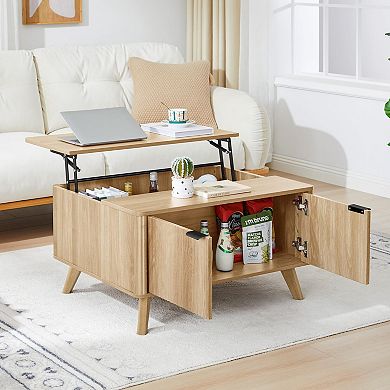 Mid-Century Modern Fluted Coffee Table with Lift Top and Storage