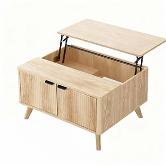 Mid-Century Modern Fluted Coffee Table with Lift Top and Storage