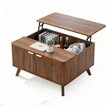 Mid-Century Modern Fluted Coffee Table with Lift Top and Storage