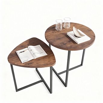 2 pc Round Coffee Table Set, Sturdy Metal Frame, Wood Look, Easy Assembly