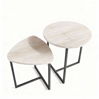 2 pc Round Coffee Table Set, Sturdy Metal Frame, Wood Look, Easy Assembly