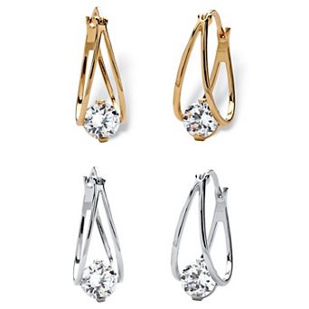 8 TCW Cubic Zirconia Hoop 2-Pair Earrings Set in Silvertone and Gold-Plated