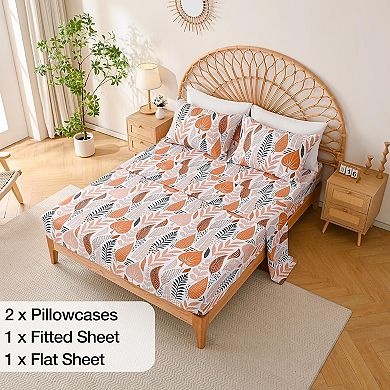 Boho Leaves Printed Sheet Set Queen,15" Extra Deep Pocket Fitted Bedsheet 4 Piece