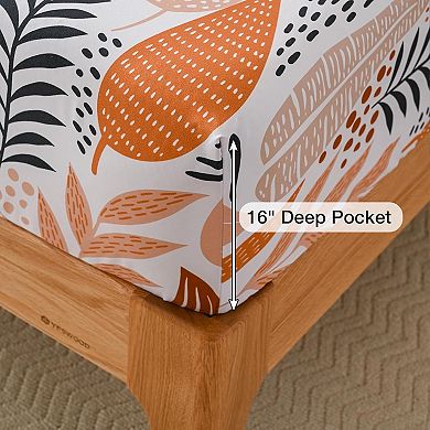 Boho Leaves Printed Sheet Set Queen,15" Extra Deep Pocket Fitted Bedsheet 4 Piece