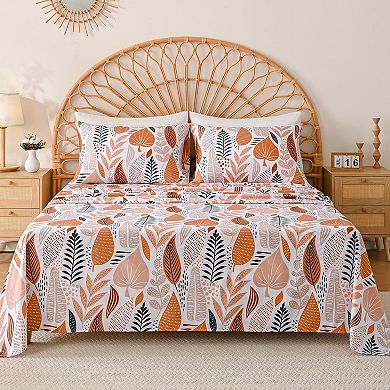 Boho Leaves Printed Sheet Set Queen,15" Extra Deep Pocket Fitted Bedsheet 4 Piece