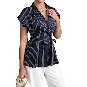 Women's Button Down Lapel Striped Blazer Front Lace Up Short Sleeve Dressy Casual Shirt Coat Tops
