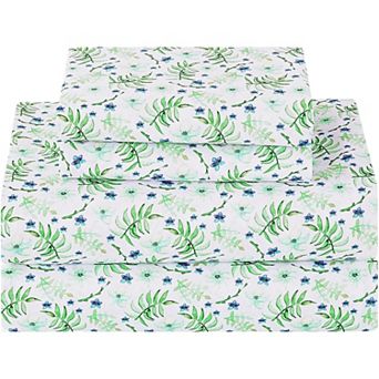Green Floral Full Sheet Set, Printed Fitted Bed Sheet with 15" Deep Pockets Sheets Pillowcase Set