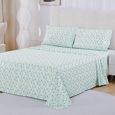 Green Floral Full Sheet Set, Printed Fitted Bed Sheet with 15" Deep Pockets Sheets Pillowcase Set