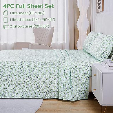 Green Floral Full Sheet Set, Printed Fitted Bed Sheet with 15" Deep Pockets Sheets Pillowcase Set