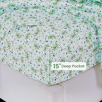 Green Floral Full Sheet Set, Printed Fitted Bed Sheet with 15" Deep Pockets Sheets Pillowcase Set
