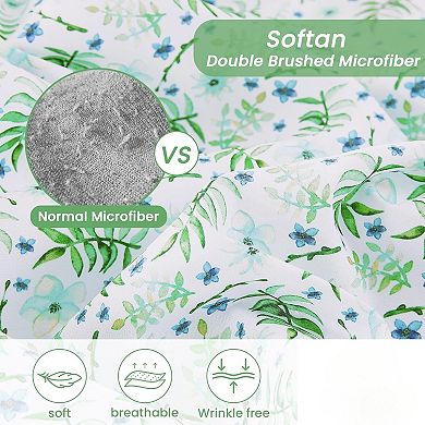 Green Floral Full Sheet Set, Printed Fitted Bed Sheet with 15" Deep Pockets Sheets Pillowcase Set