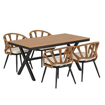 5 pc Outdoor Acacia Wood Outdoor Dining Set with PE Rattan Chairs and Plastic Wood Table