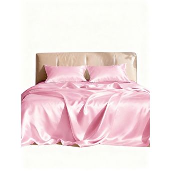 Satin Queen Sheets Set - 4 pc Pink Silky Bed Sheets Set with Deep Pocket, Luxury Silk Feel Satin