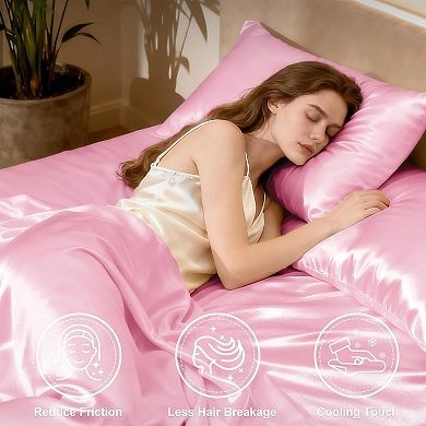 Satin Queen Sheets Set - 4 Piece Pink Silky Bed Sheets Set with Deep Pocket, Luxury Silk Feel Satin