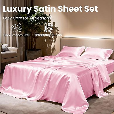 Satin Queen Sheets Set - 4 Piece Pink Silky Bed Sheets Set with Deep Pocket, Luxury Silk Feel Satin