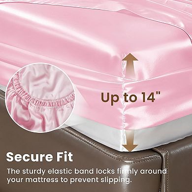 Satin Queen Sheets Set - 4 Piece Pink Silky Bed Sheets Set with Deep Pocket, Luxury Silk Feel Satin
