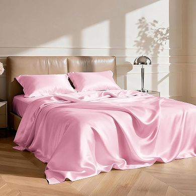 Satin Queen Sheets Set - 4 Piece Pink Silky Bed Sheets Set with Deep Pocket, Luxury Silk Feel Satin