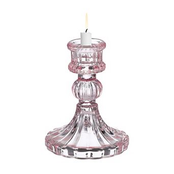 Vintage Crystal Candle Holder, Glass Tealight Holder 3.15x3.15x4.02 Inch, Pink Small Fluted Round