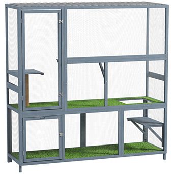 Catio Outdoor Cat Enclosure, 77inch H Wooden Cat House with Weatherproof Roof