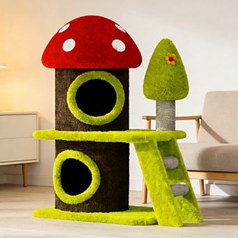 KWPZQEB Mushroom-Themed Cat House Cat Tree Tower, Red+Green+Brown
