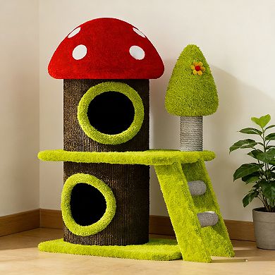 KWPZQEB Mushroom-Themed Cat House Cat Tree Tower, Red+Green+Brown