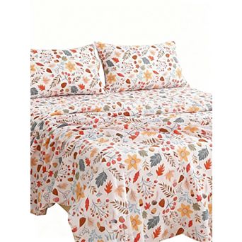 Floral Full Sheet Set - 4 pc Printed Nuts and Fallen Leaves Vintage Patterned Bed Sheets - Soft