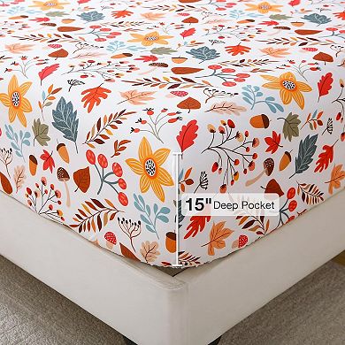 Floral Full Sheet Set - 4 Piece Printed Nuts and Fallen Leaves Vintage Patterned Bed Sheets - Soft