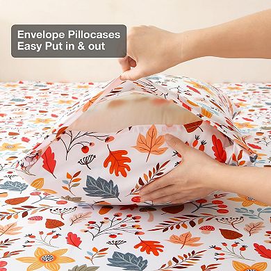 Floral Full Sheet Set - 4 Piece Printed Nuts and Fallen Leaves Vintage Patterned Bed Sheets - Soft
