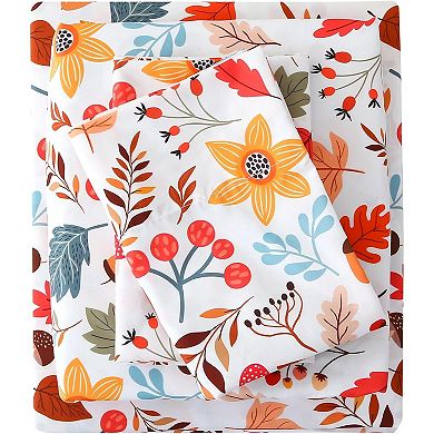 Floral Full Sheet Set - 4 Piece Printed Nuts and Fallen Leaves Vintage Patterned Bed Sheets - Soft