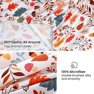 Floral Full Sheet Set - 4 Piece Printed Nuts and Fallen Leaves Vintage Patterned Bed Sheets - Soft