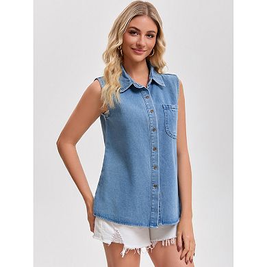 Women's Denim Top Sleeveless Button Down Collared Tank Tops with Pockets Jean Shirt