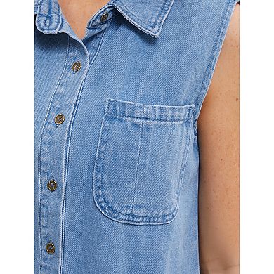 Women's Denim Top Sleeveless Button Down Collared Tank Tops with Pockets Jean Shirt