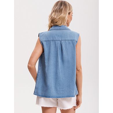 Women's Denim Top Sleeveless Button Down Collared Tank Tops with Pockets Jean Shirt