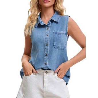 Women's Denim Top Sleeveless Button Down Collared Tank Tops with Pockets Jean Shirt