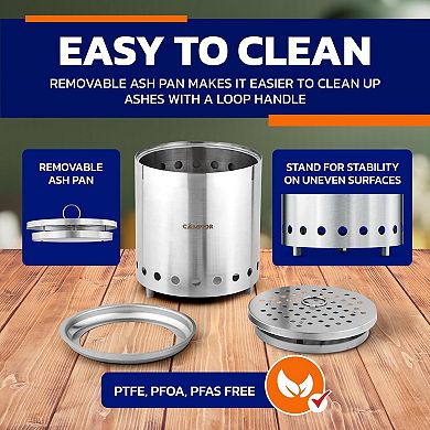 Smokeless Wood Burning Fire Pit Stove, Stainless Steel w/ Stand, Ash Pan & Carry Bag